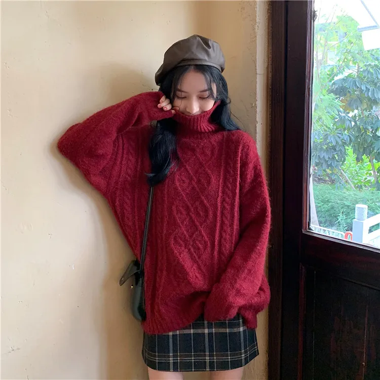 Зимний вязаный свитер, винтажный Свободный пуловер, модный теплый свитер с длинными рукавами, милый вязаный женский свитер OK135