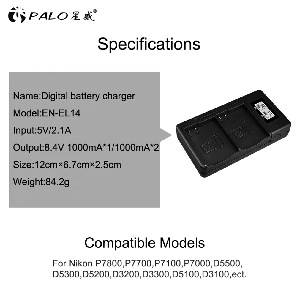 PALO ENEL14 EL14a EN-EL14 цифровой батарея USB ЖК-дисплей Смарт зярядным устройством для Nikon D3100 D3200 D3300 D5100 D5500 D5300 P7000 P7700 P7800