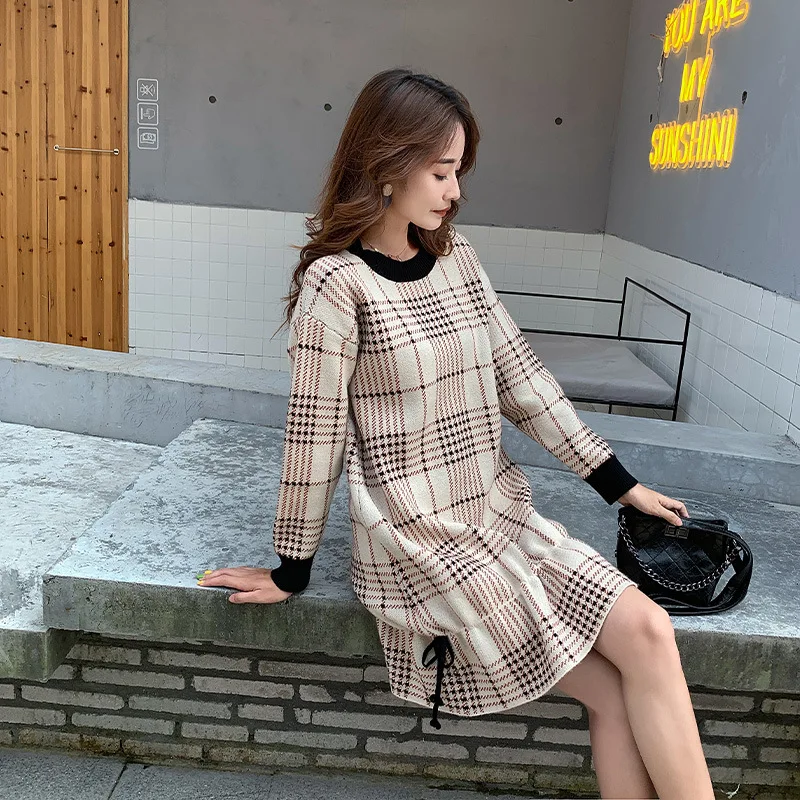 

Plaid Base Dress 2020 New Style Spring And Autumn WOMEN'S Dress Short-height Loose-Fit Slimming Flounced Knitted Dress