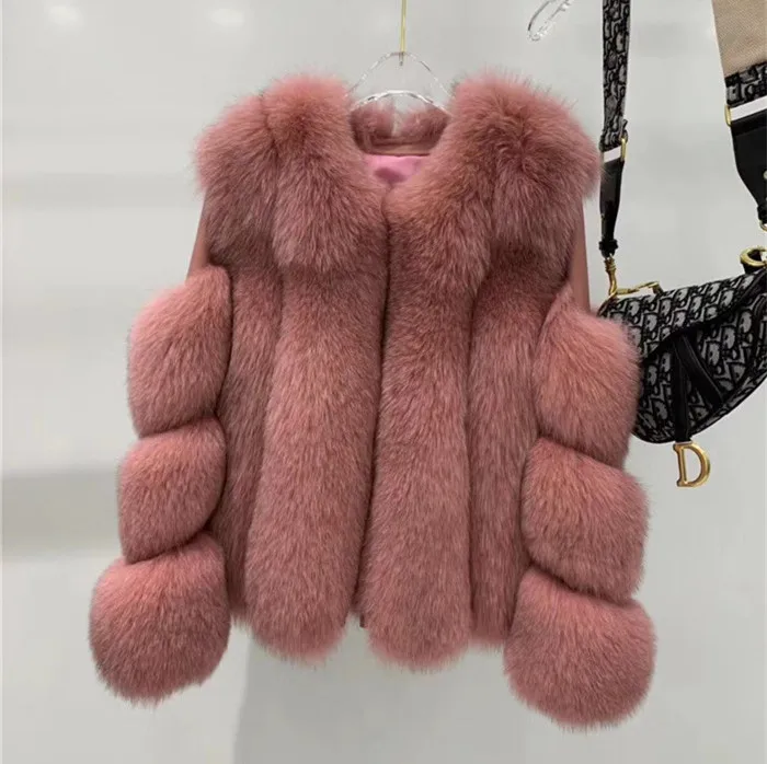 Кораллово-Красный Женская теплая шуба из натурального Лисьего меха, короткая тонкая зимняя куртка из натурального меха, модная верхняя одежда, роскошное пальто из натурального Лисьего меха для девочек - Цвет: Кораллово-Красный