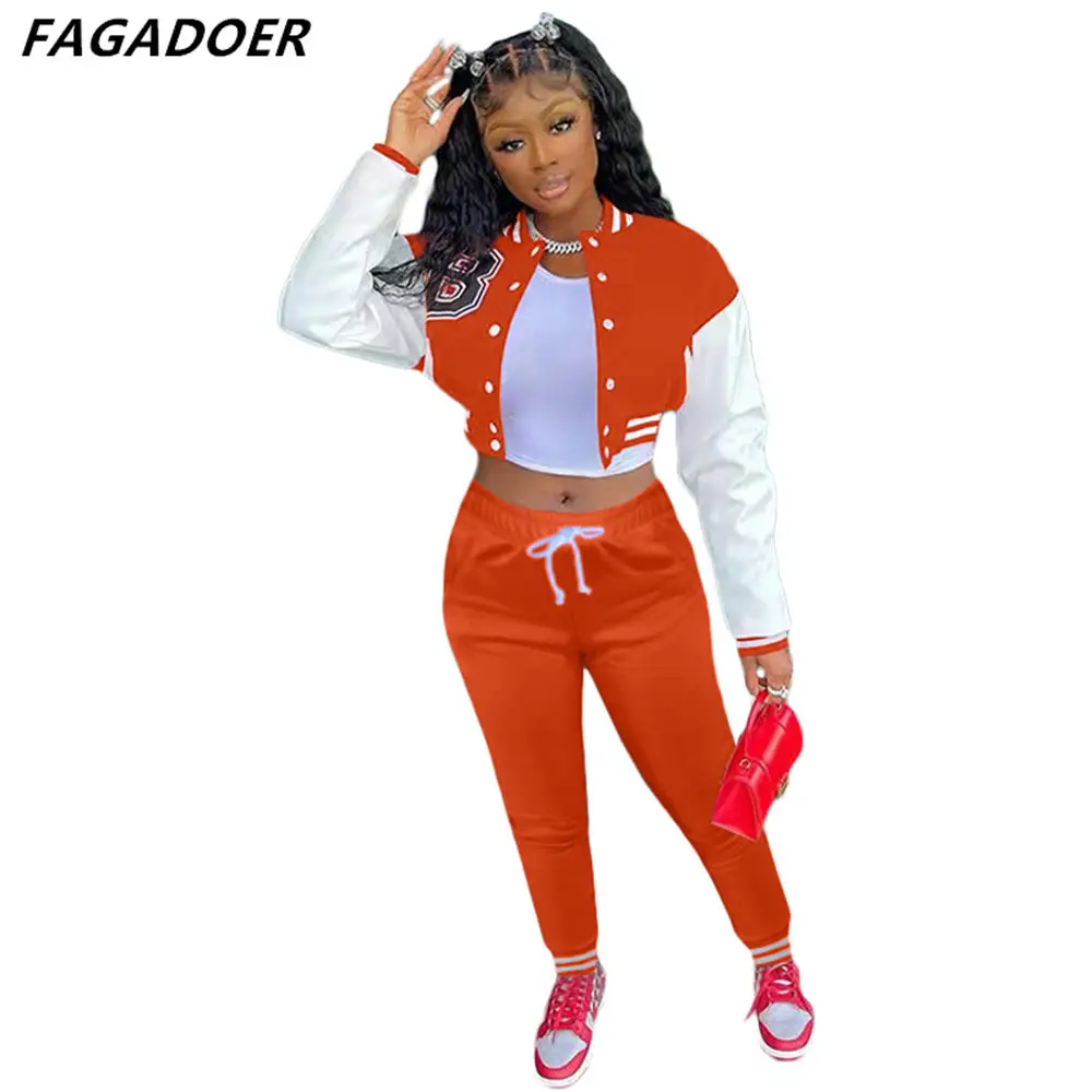 FAGADOER Autumn Winter Baseball Uniform New Women Button Letter Print Coat And Pants Tracksuits Casual 2pcs Outfits Streetwear women's sweat suits sets Suits & Blazers