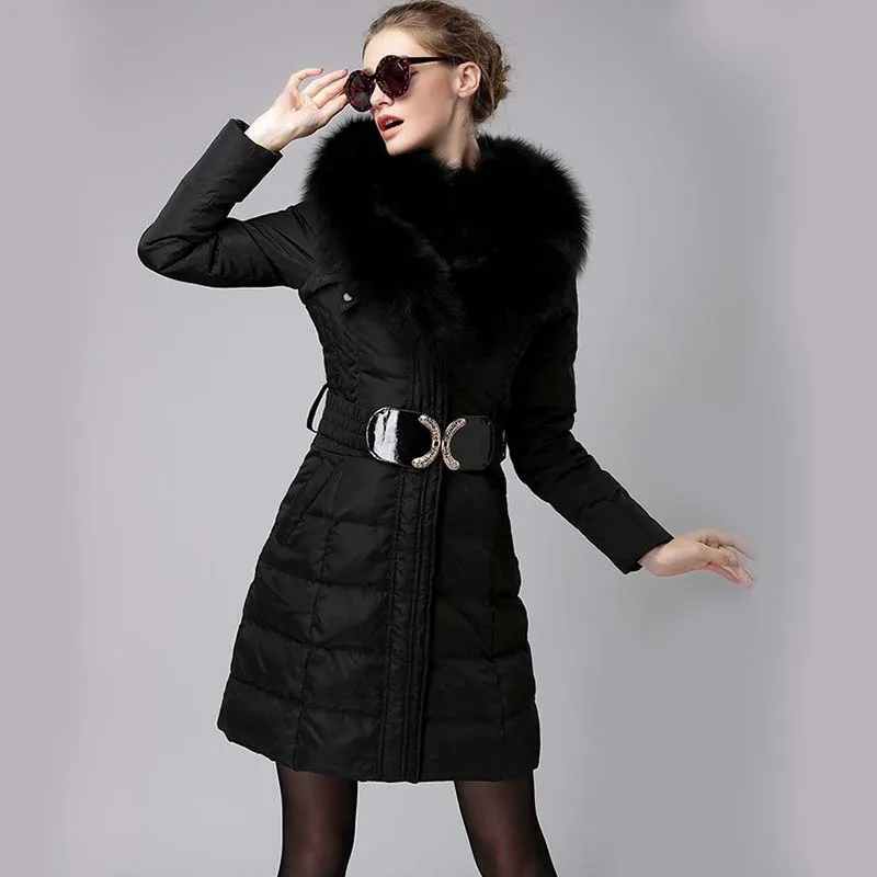 

2020 European Winter Down Jacket Woman Hooded Big Thick Fox Fur Collar Long Coat Women's Jackets Parka Camperas KJ723