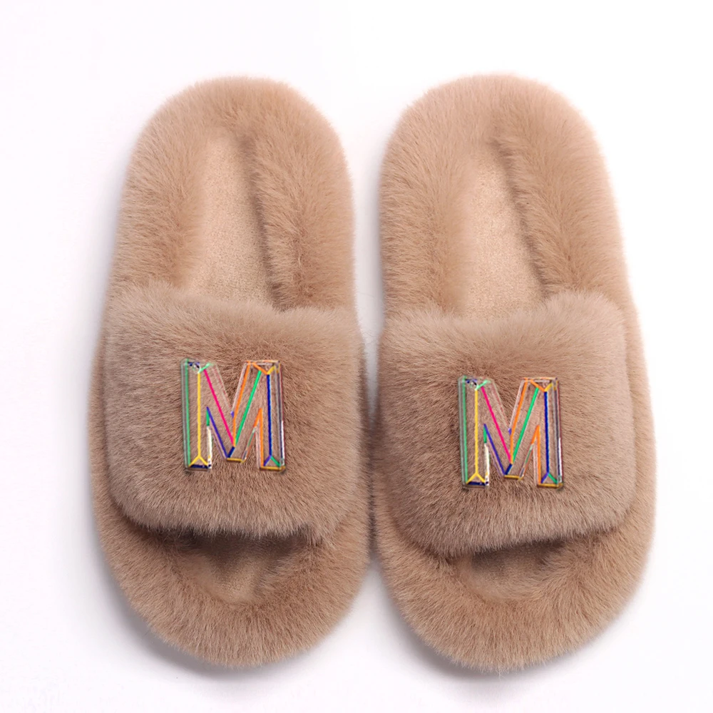 Fashion Slippers Women Designer Letter Decor Faux Fur Slides Home Fluffy Flip Flops Female Platform Sandals Winter Casual Shoes