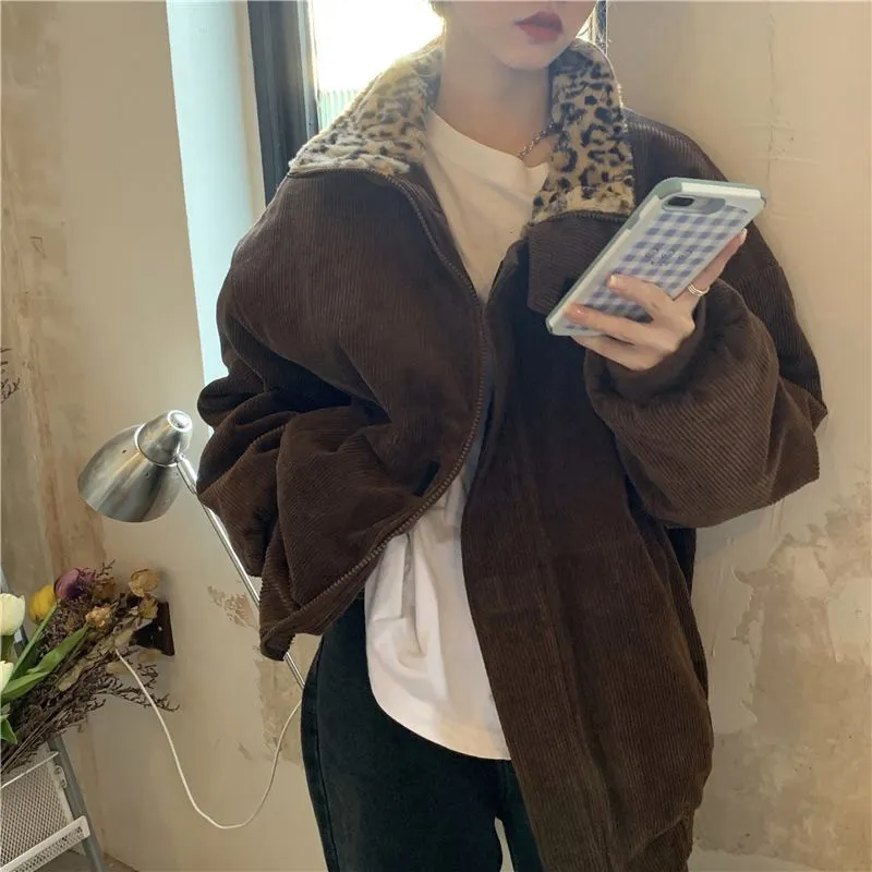 Parkas Winter Jackets Leopard Patchwork Corduroy Jacket Fashion Coat Warm Loose Casual Outwear Elegant Tops Clothes Women | Женская
