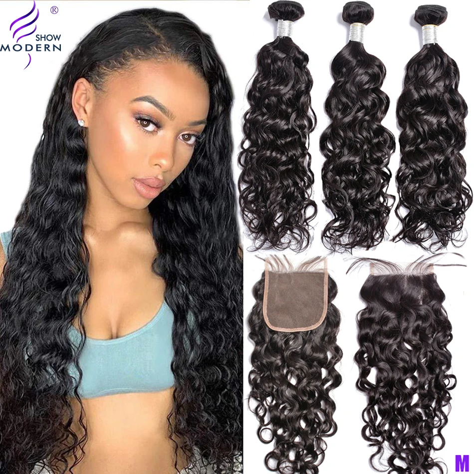 Modern Show Brazilian Water Wave Bundles With Closure Middle Radio Remy Hair Weave Extensions 3 1pc Lace | Шиньоны и парики