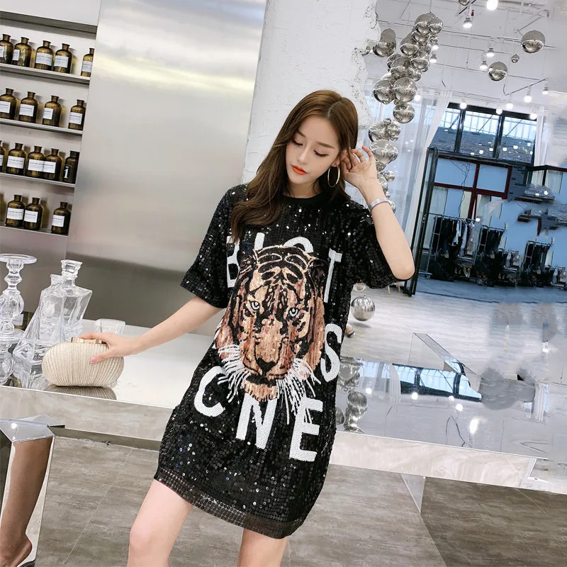 Limiguyue Тигр футболка с пайетками для женщин хип хоп Bling уличная Клубная летняя футболка плюс размер 2XL длинные рубашки с буквенным принтом Европейский Y241 - Цвет: picture color