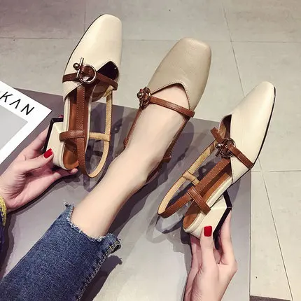 

2019 new single shoes female word buckle retro square buckle shallow mouth Baotou sandals female