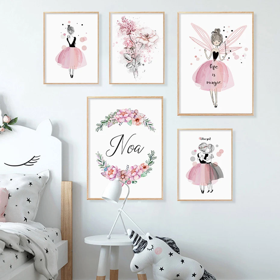 Watercolor Pink Custom Name Kawaii Girls Posters Floral Canvas Paintings Print Wall Art Picture For Kids Baby Bedroom Home Decor Art Poster Princess Paintingpainting Canvas Aliexpress