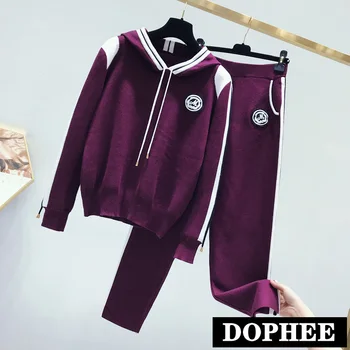 

2019 Autumn Winter New Women Long Sleeve Embroidered Leisure Hooded Sweaters +Knitted Trouser Student Two-piece Suit