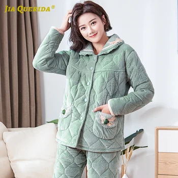 

Front Pocket Soft Long Sleeve Long Pants Sleepwear Fashion Style Casual Style Turn Down Collar 3 Layers Padded Cotton+Velvet