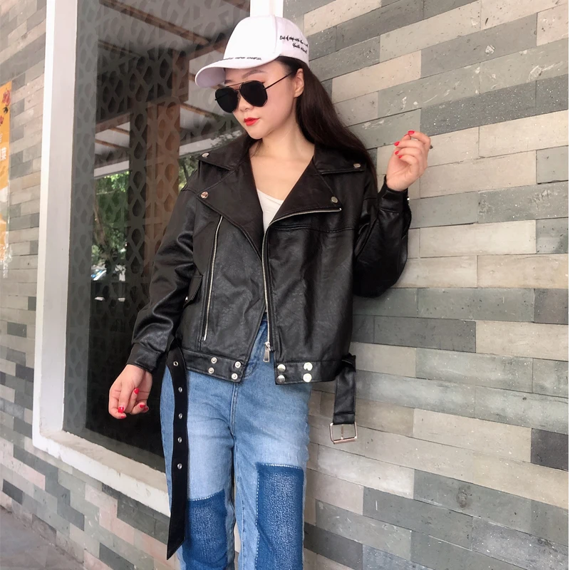 Silver Black Belt Sashes Faux PU Leather Slim Jacket Autumn Spring Women Luxury Windbreaker Motorcycle Coat Biker Top Streetwear