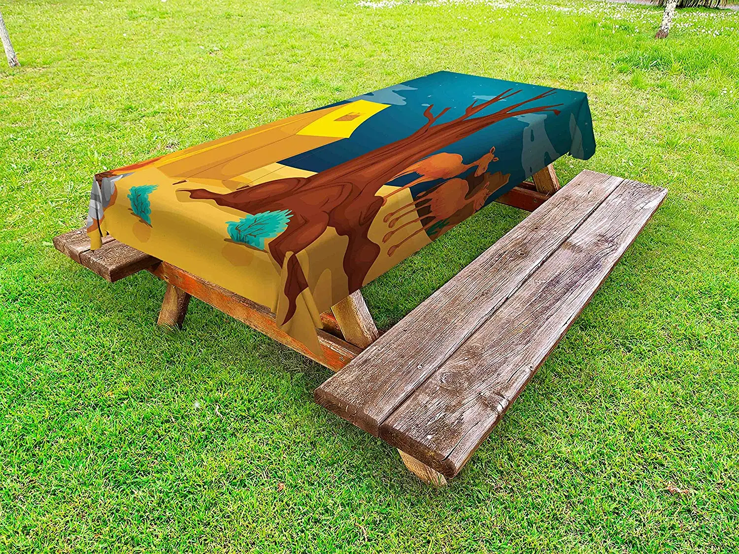 Camping Outdoor Tablecloth Cartoon Desert Illustration with Camels and Barren Tree Landscape Print Decorative Picnic Table Cloth