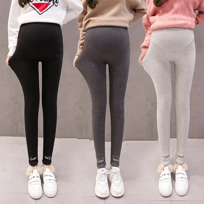 Winter Autumn Pregnancy Pregnant Women Leggings Letter Smile Pants Warm Velvet Nursing Abdomen Clothes For Maternity Skinny