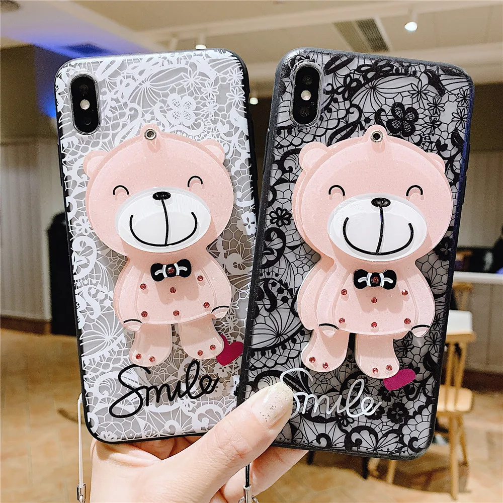

cover for iphone 7 8 X Xr Xs Max 6 6S Plus Case Lovely Lace Panda 5 5S SE Protective Shell Luxury Animal Mirror Bear Fitted Case