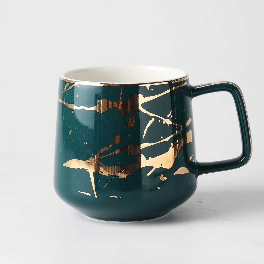 Green Mug MUZITY Ceramic Coffee Mug with Lid Porcelain Tea Cup and Wooden Saucer Special Marble Golden Design Mug - Цвет: Green Mug
