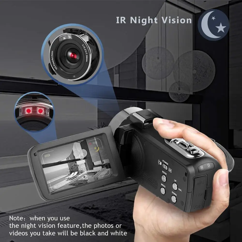 Video Camera with Microphone 4K Camcorder for Live Stream Webcam WiFi Remote Control Night Vision Touch Screen Photography