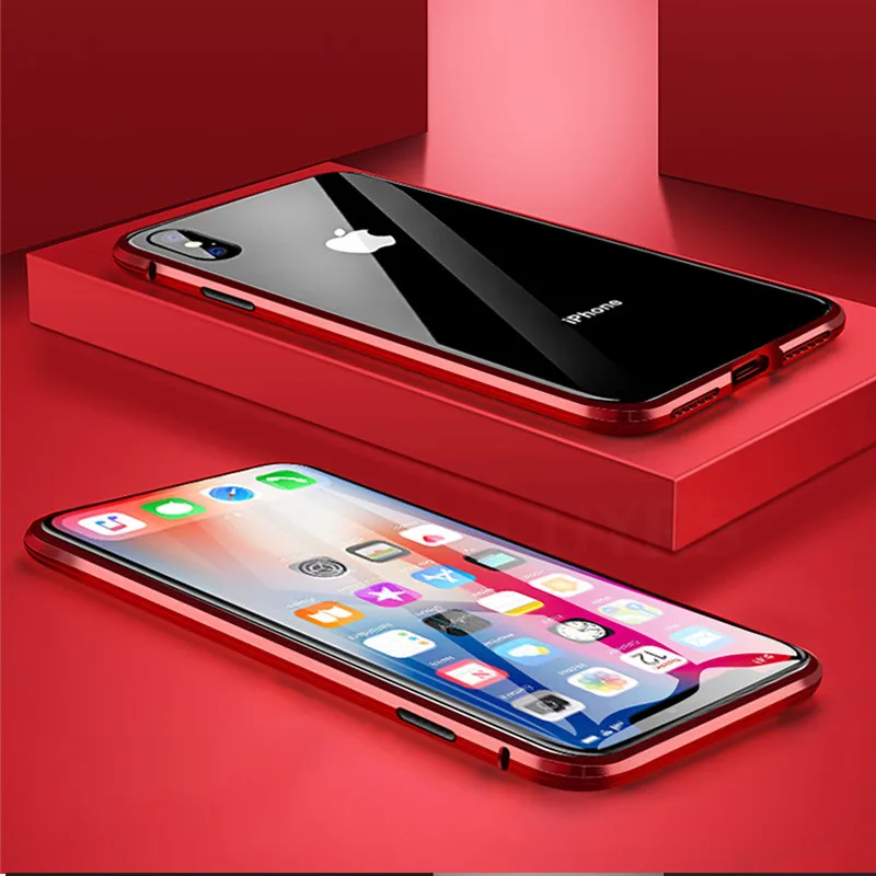 BCUYRS металлический магнитный чехол для iPhone XR XS MAX X 8 Plus 7+ Чехлы из закаленного стекла на заднюю панель с магнитом чехол для iPhone 7 6 6S Plus - Цвет: Red