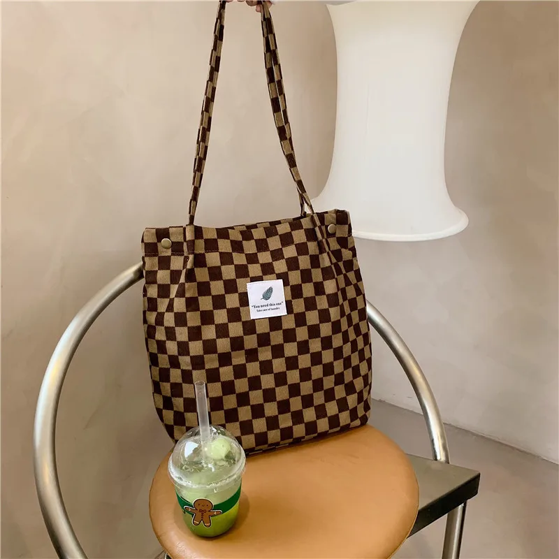 Chess Print Women Corduroy Canvas Tote Handbag Books Shoulder Bags Ladies Cloth Shopping Bag Vintage Plaid Design Cotton Purse