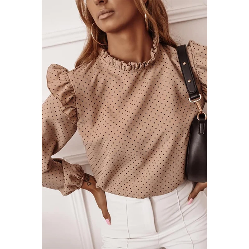 

Women Polka Dot Ruffles Blouses Shirt 2020 Autumn Winter Long Sleeve Print Work Shirt Casual Loose Office Lady Blouses Tops