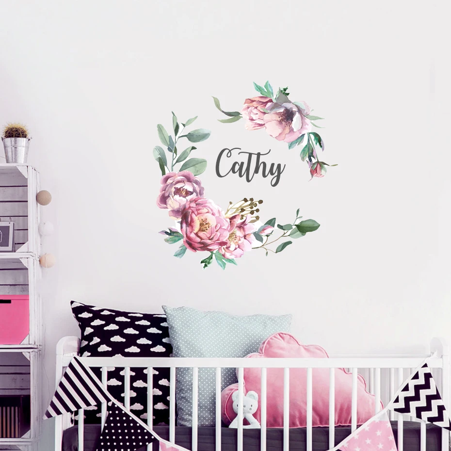 Nome personalizado flor - adesivos de parede - bebê menina - adolescente -  decalque de parede de berçário para decorações de quarto de bebê - adesivo  de decalque de parede mural para