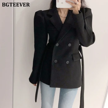 

BGTEEVER Winter Women Blazer Jacket Turn-down Neck Puff Sleeve Blend Coat Female Double-breasted Women Woolen Coat Outwear 2020