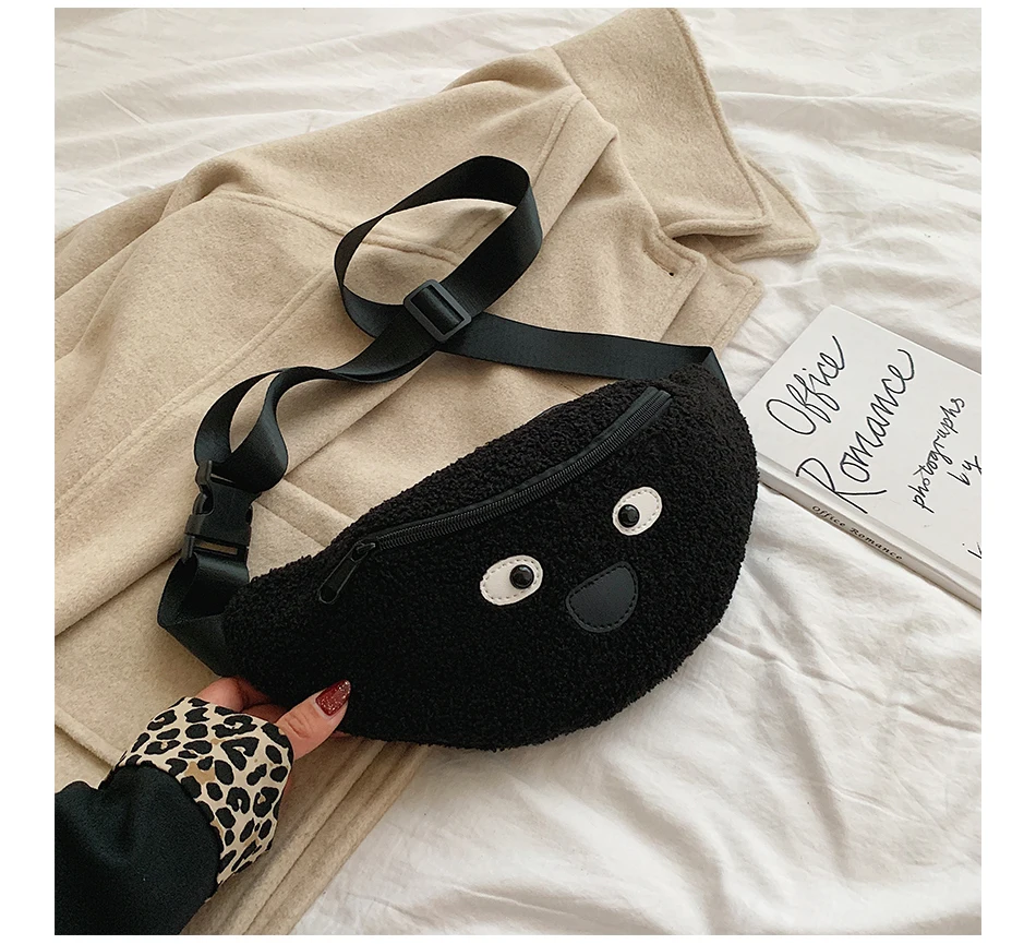 Fashion Suede Patchwork Leather Waist Packs Cartoon Eyes Print Chest Bag Women Personality Shoulder Bag Cute Animal Waist Bag