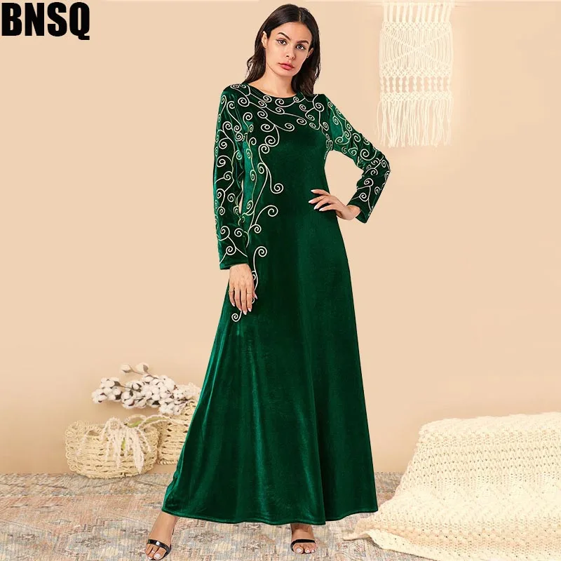 BNSQ арабское золото бархат вышитые abaya индийская одежда для женщин Punjabi Kurta вечерние макси с длинным рукавом пакистанские платья - Цвет: 9092 green