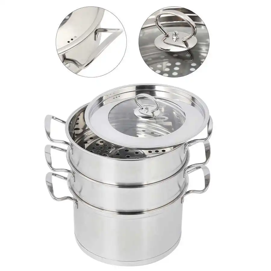 Acero inoxidable alimentos vapor sopa vapor olla cocina cocina accesorios utensilios de cocina con tapa visible 3 capas diseño 