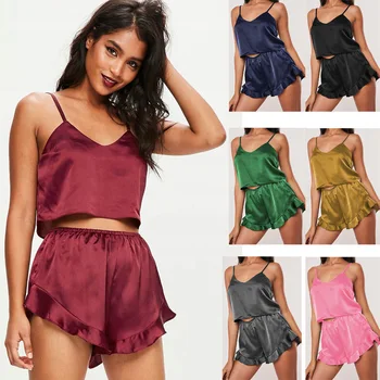 

2020 Two Piece Set Women Sleepwear Sexy Satin Pajama Set Black Silk Babydoll V-Neck Pyjamas Sleeveless Cute Cami Nightwear Sets