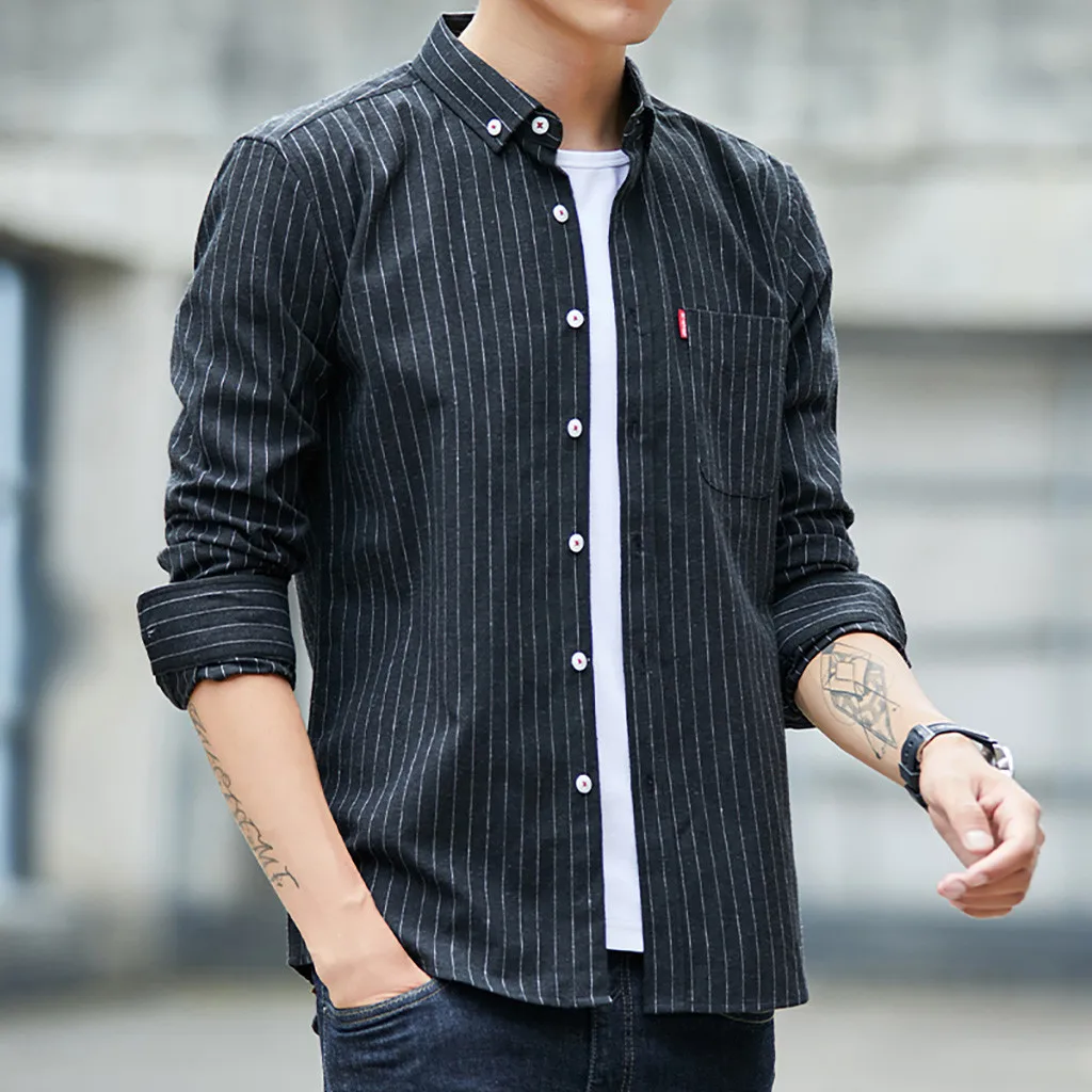 Camisa Masculina, Мужская Новая повседневная модная полосатая Свободная рубашка с отворотом и длинным рукавом, топы, блузка, облегающая, большой размер Xxxxl