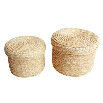 

3Pcs/ Set Handmade Straw Rattan Woven Storage Basket Toy Snack Sundry Holder with Lid