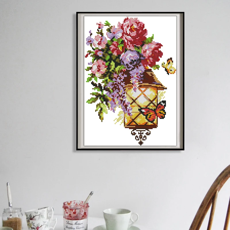 

Joy Sunday DIY Cross Stitch Kit Flowers and butterflies pattern Printed for hanging in living room Chinese embroidery needlework