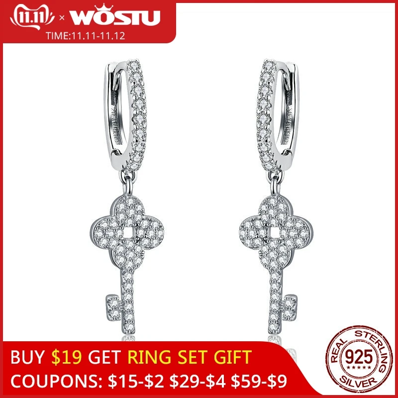 

WOSTU Authentic 925 Sterling Silver Fashion Key Drop Earring With Clear CZ Women Jewelry Earrings Luxury Brand Gift CQE521