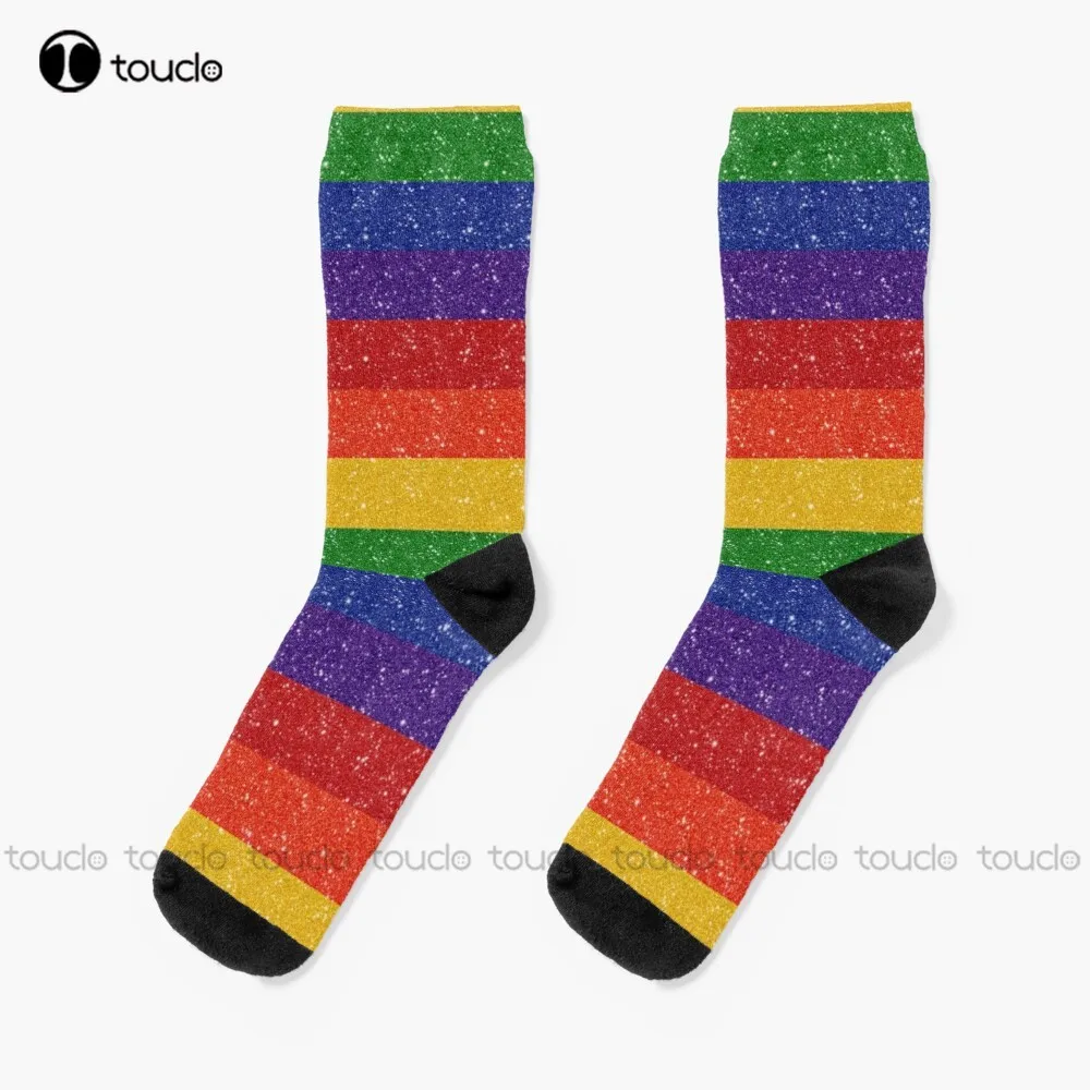 

Faux Glitter Rainbow Pride Flag Socks American Flag Socks Personalized Custom Unisex Adult Teen Youth Socks 360° Digital Print