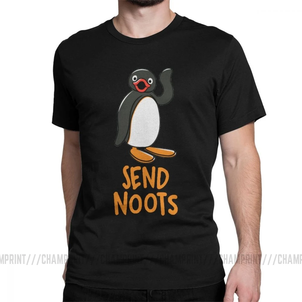 Отправить Noots Pingu футболки мужские хлопковые футболки Пингвин серии Meme дети 80s 90s ретро милый короткий рукав Футболка подарок идея Топы - Цвет: Черный
