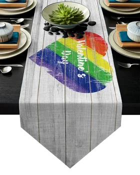 

Wood Textured Rainbow Hearts Table Runner Table Flag Home Party Decorative Tablecloth Table Runners