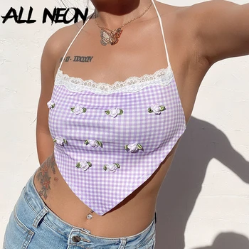 

ALLNeon E-Girl Sweet Flowers Appliques Plaid Crop Tops Vintage Bandage Lace Trim Backless Halter Tops Streetwear Party Tops Chic