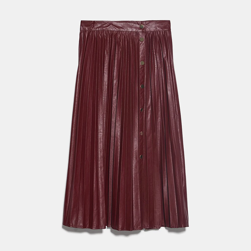 Ladyfirsy ZA плиссированные юбки из искусственной кожи Осенняя модная женская уличная юбка с эластичной высокой талией Женская Очаровательная длинная юбка