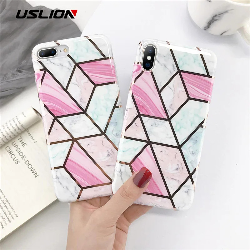 

USLION Geometric Marble Texture Phone Case For iPhone X XR XS Max Soft Silicone Case For iPhone 8 6 7 6s TPU IMD Back Cover Capa
