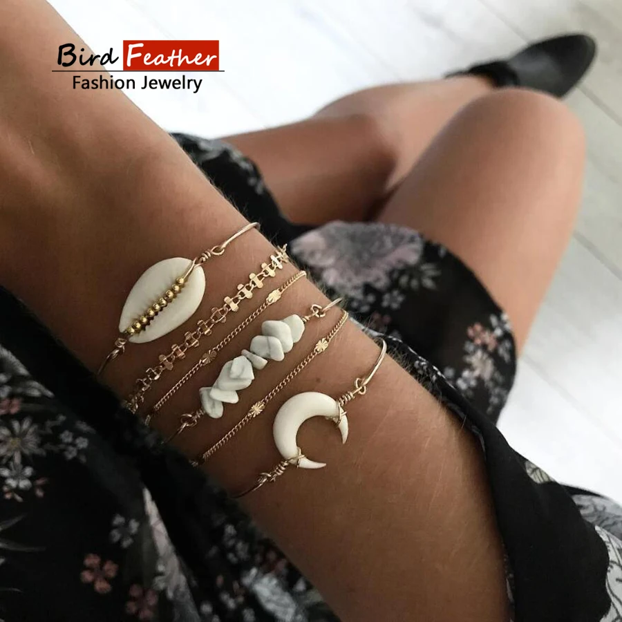 Золотой цвет богемный ручной работы Плетение Лунная ракушка бусины браслет