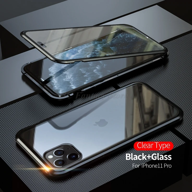 Магнитный металлический конфиденциальный чехол из закаленного стекла для телефона для samsung galaxy S10 S9 S8 Note 8 9 10 Plus для iphone 11 pro XR XS Max 7 8 - Цвет: Black