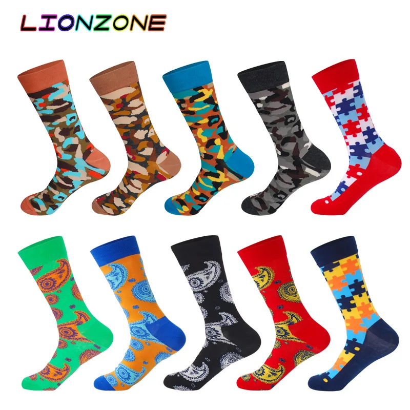 

10 Pairs/Lot Men Socks Combed Cotton Brand Battle Colored Totems Block Design Funny Happy Dress Male Socks + Free Gift