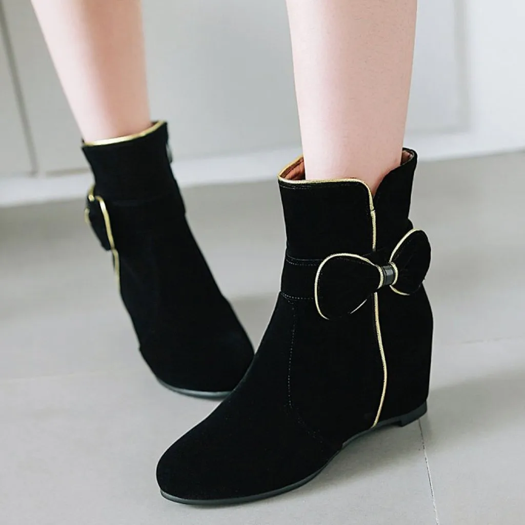 

2019 Winter Women's Increase Bow Short Boots Wedge Ankle Zipper Mid Tube Snow Boots #G3