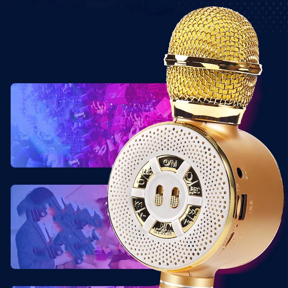 Gold Usb подарок со светом ручной стерео беспроводной Bluetooth перезаряжаемые колонки караоке микрофон для дома ребенок взрослый пение портативный - Цвет: Gold