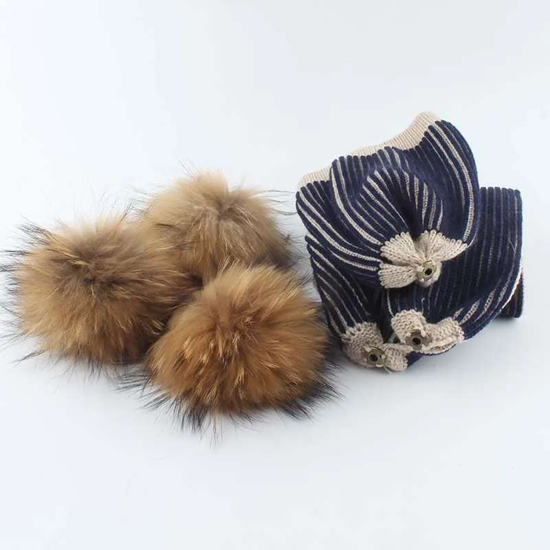 Baby Winter Hat For Girls Boys Real Fur Pompom Kids Hat and Scarf Set Striped Knitted Beanies Skullies