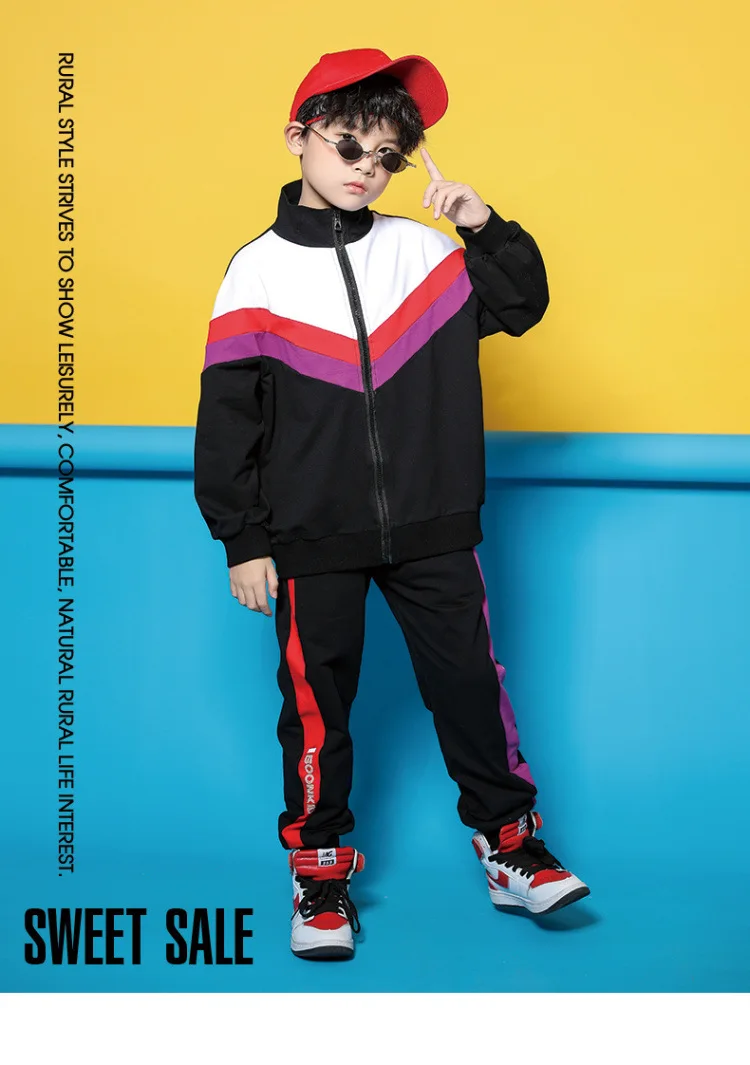 Детская одежда в стиле хип-хоп куртка с воротником-стойкой Топ, повседневные штаны для бега для девочек и мальчиков, костюм для джаза