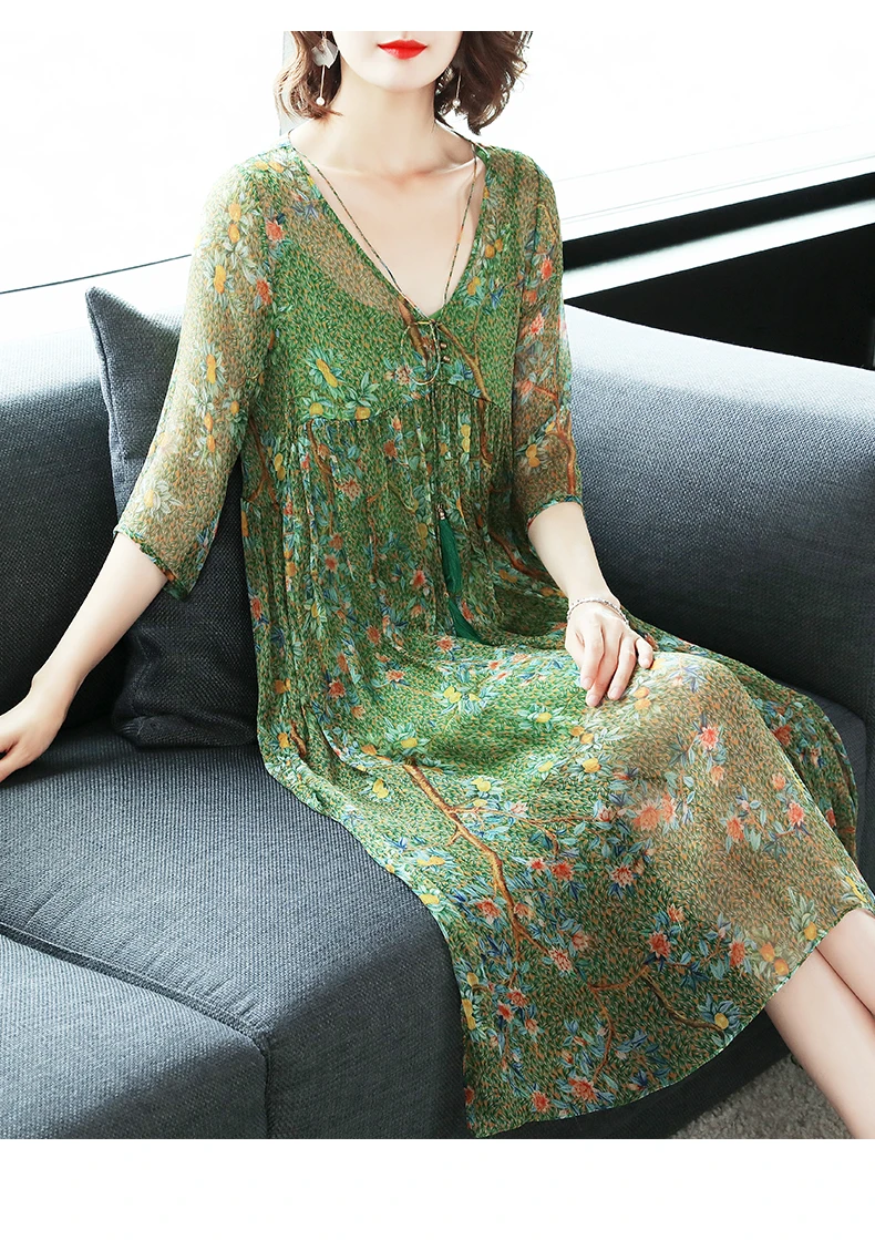 Tcyeek летнее платье Настоящее шелковое платье женская одежда Boho Цветочные миди платья+ рубашка Элегантные Дамы V шеи Vestidos 8739