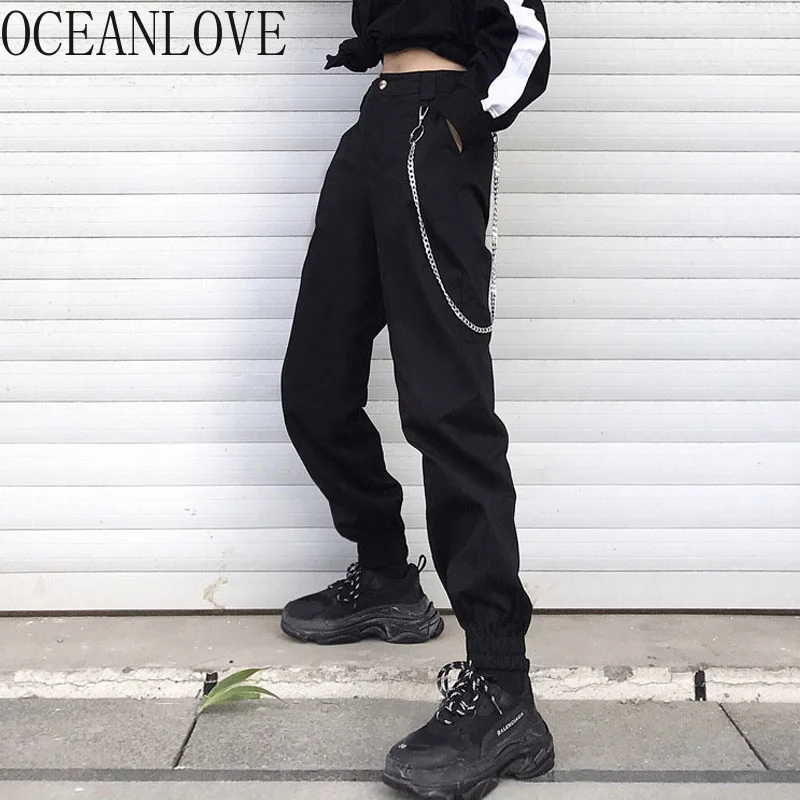 Женские брюки-карго OCEANLOVE однотонные корейские уличные брюки с цепочкой