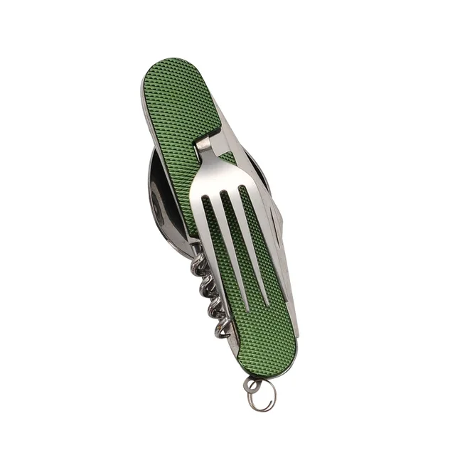 Hot sale knife and fork combination portable 6 in 1 stainless steel folding cutlery set for outdoor camping picnic travel Green
