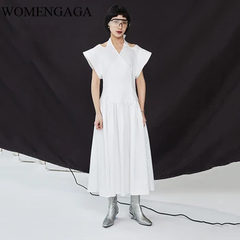 

loose Women Black Pleated Split Bandage Long Dress V-Neck Short Sleeve Loose Fit Fashion Tide Spring Summer 2020 O5PP